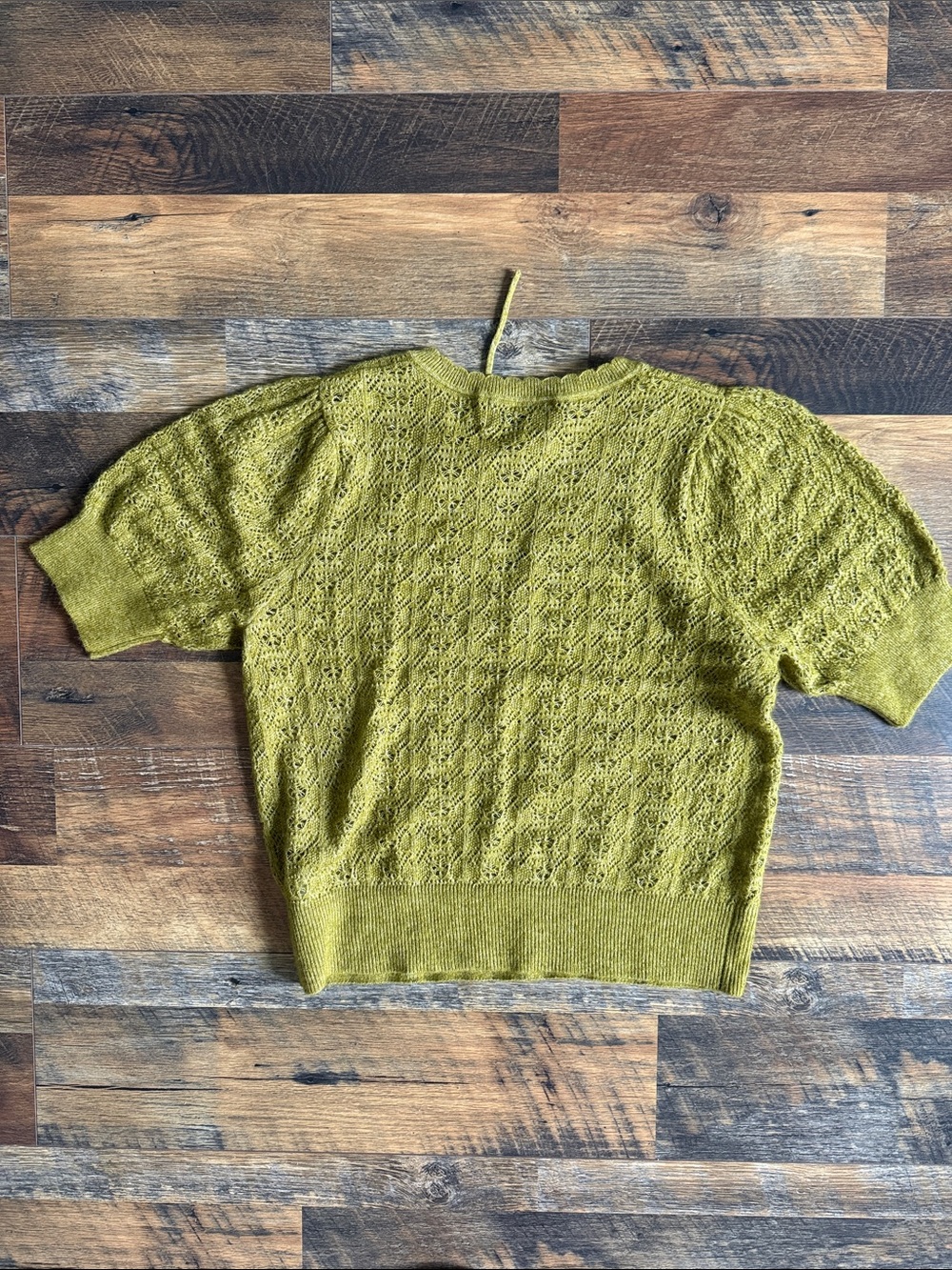 Crochet Pointelle Tie-Neck Short Sleeve Sweater Top - Picture 5 of 5